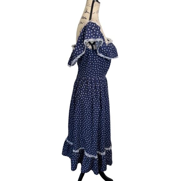 Vintage Berkertex Navy Floral Calico Print Cotton Prairie Lace Ruffle Dress 14 - Picture 4 of 12